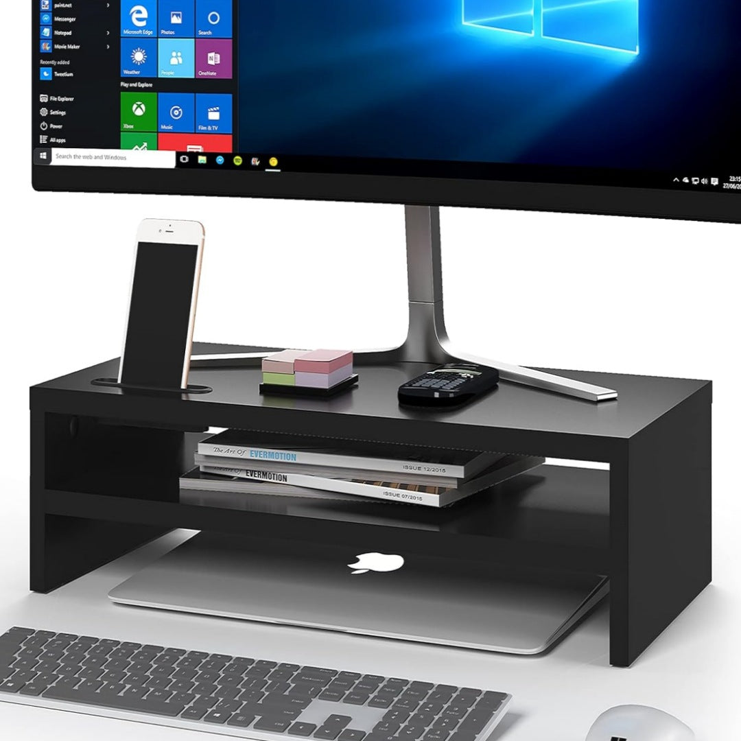 High Quality Black Wooden Double Storage Monitor Stand/ Riser